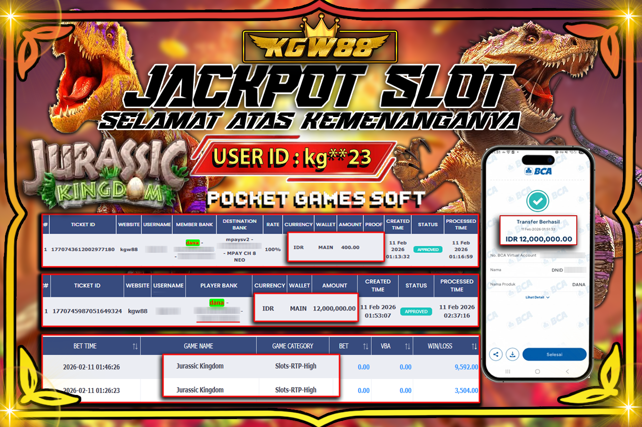 KGW88 JACKPOT Jurassic Kingdom Rp 12.000.000,- LUNAS